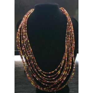 Handmade Multi Strand Seed Bead Necklace Brown Amber Pink Boho Statement Layered